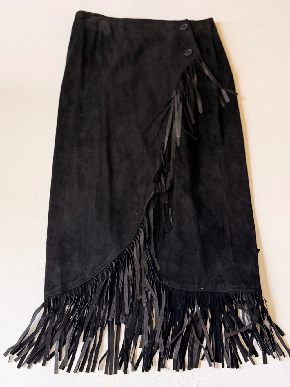 NWOT - GENUINE BLACK SUEDE - FRINGED WRAP SKIRT